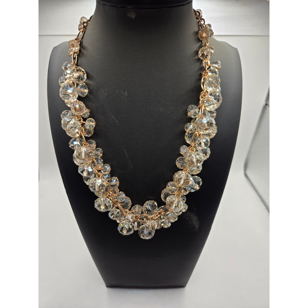 Gold Tone Champagne Crystal Cluster Statement Bib Necklace Adjustable Clasp